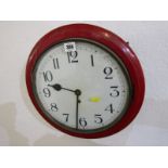 ANTIQUE WALL CLOCK, red painted surround circular wall clock with fusee movement, 15" dia