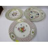 HEREND, 2 pierced border floral decorted wall plates; also similar Dresden pierced border wall plate