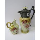 CARLTON, peach ground floral decorated jug with pewter mount; also Royal Worcester restored gilt