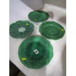 MAJOLICA, Victorian water lily design dessert plate and 6 other Victorian green glazed and shell