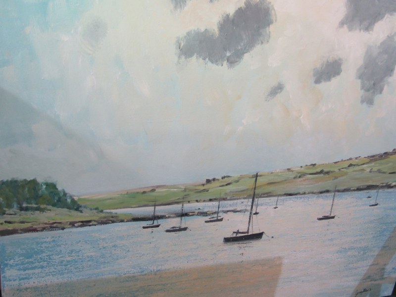 GEORGE LEWIS, signed painting on canvas "Up the Estuary from Rock Sailing Club", 48" x 48" - Image 4 of 8