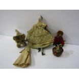 ANTIQUE TOYS, porcelain headed dolls house doll, 7" height, also miniature peg doll, clockwork