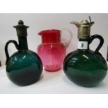 ANTIQUE GLASSWARE, 2 emerald glass flagons, 1 with plated mount; also Victorian cranberry glass