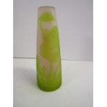 CAMEO GLASS, floral carved green glass tapering spill vase, signed "Galle", 4" height
