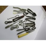 BUTTON HOOKS, collection of over 30 various button hooks and crochet hooks, 2 with silver handles,