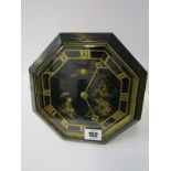 CHINOISERIE LACQUER MANTEL CLOCK, easel support octagonal framed mantel clock with key, 8" width