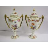 CONTINENTAL PORCELAIN, pair of gilt handled lidded oviform 9.5" vases, with floral decoration