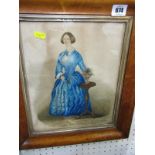 EARLY VICTORIAN SCHOOL, watercolour "Portrait in Lady in Blue Dress", in antique maple frame, 11"