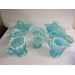 VICTORIAN GLASSWARE, collection of 8 pieces of blue opalescent glass tableware