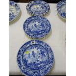BLUE TRANSFERWARE, 8 "Country Church" pattern pottery dinner plates