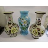 VICTORIAN GLASSWARE, pair of floral painted opaque glass 12" vases, together with similar blue