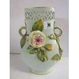 VICTORIAN MINTON, celadon ground rose encrusted twin handled 10" vase dated 1881