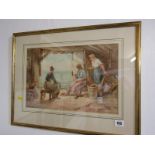 19th CENTURY ENGLISH SCHOOL, indistinctly signed watercolour "Three Young Women mending Nets", 10" x