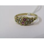 VINTAGE 9ct YELLOW GOLD RUBY & SEED PEARL CLUSTER STYLE RING, size O
