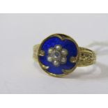 ANTIQUE BLUE GUILLOCHE ENAMEL SEED PEARL & DIAMOND RING, testing high carat (15) gold, possibly
