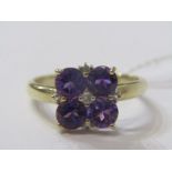 9ct YELLOW GOLD AMETHYST & DIAMOND RING, 4 principal brilliant cut amethysts with accent diamonds