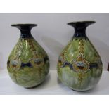 ROYAL DOULTON STONEWARE, pair of slip glazed 10" baluster vases decorated with hanging basket of