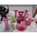 ANTIQUE GLASSWARE, satin glass crinoline neck vase, 6 pieces of assorted cranberry glass and 4 other