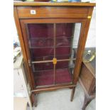 EDWARDIAN DISPLAY CUPBOARD, inlaid mahogany narrow display cabinet, glazed door enclosing 2 glass