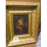 EUROPEAN SCHOOL, oil on mahogany panel "Portrait of bearded Gentleman lighting pipe", 13cm x 10cm
