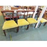 EARLY VICTORIAN DINING CHAIRS, set of 4 mahogany bar back dining chairs, tapering turned legs and
