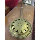 ANTIQUE METALWARE, steel handled brass warming pan with decorative pierced cover, 110 cm