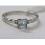 9ct WHITE GOLD AQUAMARINE & DIAMOND RING, principal princess cut aquamarine with accent diamond to