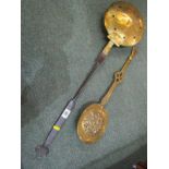 EARLY METALWARE, antique steel handled pierced brass warming pan, 28cm length; also embossed brass