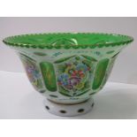 EUROPEAN GLASSWARE, an overlay green glass flared form bowl, enamelled with floral bouquets and