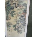 ORIENTAL PAINTING, signed oriental scroll painting of Figures in River Landscape