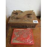 ORIENTAL BOXES, cinnabar lacquer rectangular jewel box, 4cm width; also Chinese dragon carved