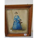 EARLY VICTORIAN SCHOOL, watercolour "Portrait of Lady in blue dress beside a table with vase of