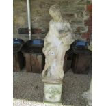 GARDEN STATUE, square plinth base statue of Young Lady at Well, 107cm height