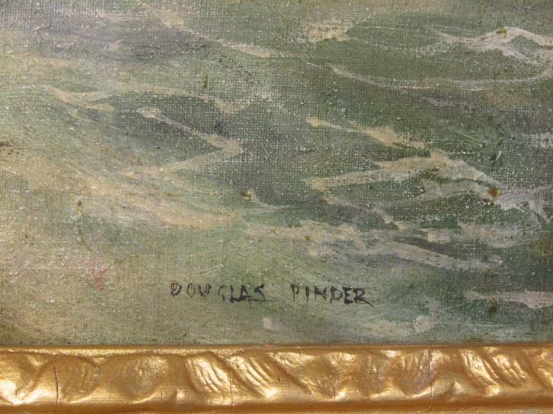 DOUGLAS PINDER (1886-1949), signed oil on canvas "Cornwall Atlantic Ocean Rollers", 60cm x 90cm - Image 3 of 3