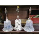 ANTIQUE GLASSWARE, pair of Nailsea glass bells decorated with trailed opaque lines, together with