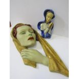 ART DECO, coloured plaster face mask young lady with auburn hair 54 cm height together with