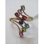 9ct YELLOW GOLD MULTI COLOUR SAPPHIRE CLUSTER RING, size R/S