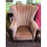GEORGIAN DESIGN WING ARMCHAIR, splayed legs with shaped high back in pink upholstery