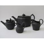 BLACK BASALT, collection of 4 pieces of Wedgwood style Georgian design 2 tea pots and 2 milk jugs (