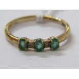 9ct YELLOW GOLD EMERALD & DIAMOND RING, 3 principal oval cut emeralds each seperated by accent