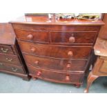 VICTORIAN MAHOGANY BOW FRONT CHEST, 2 short and 3 long drawers on bun feet, 93cm width