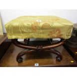 VICTORIAN STOOL, mahogany X frame stool with gold upholstery