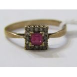 9ct YELLOW GOLD RED AND WHITE STONE CLUSTER RING, principal princess cut red stone, surrounded by