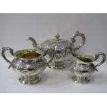 GEORGIAN SCOTTISH SILVER GILT 3 PIECE TEA SET, large foliate engraved silver tea pot with matching