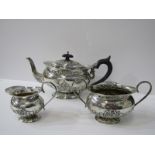 SILVER TEA SET, A Victorian 3 piece tea set with half fluted decoration, the tea pot with ebony