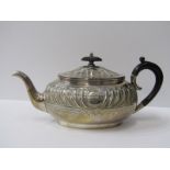 BACHELOR SILVER TEAPOT with half fluted decoration, with ebony handle and finial engraved "Miss B