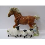 BESWICK, Ram & 2 Sheep; also Beatrix Potter "Miss Moppet & Shire Horse figure