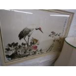 ORIENTAL EMBROIDERY, quality coloured silkwork panel of Stork amongst Blossoms, signed and