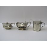 3 SILVER MUSTARDS, 1 of conical form with engraved floral decoration and 2 further rectangualr