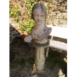 GARDEN STATUE, circular column support cast Female Head and Shoulders statue, 120cm height